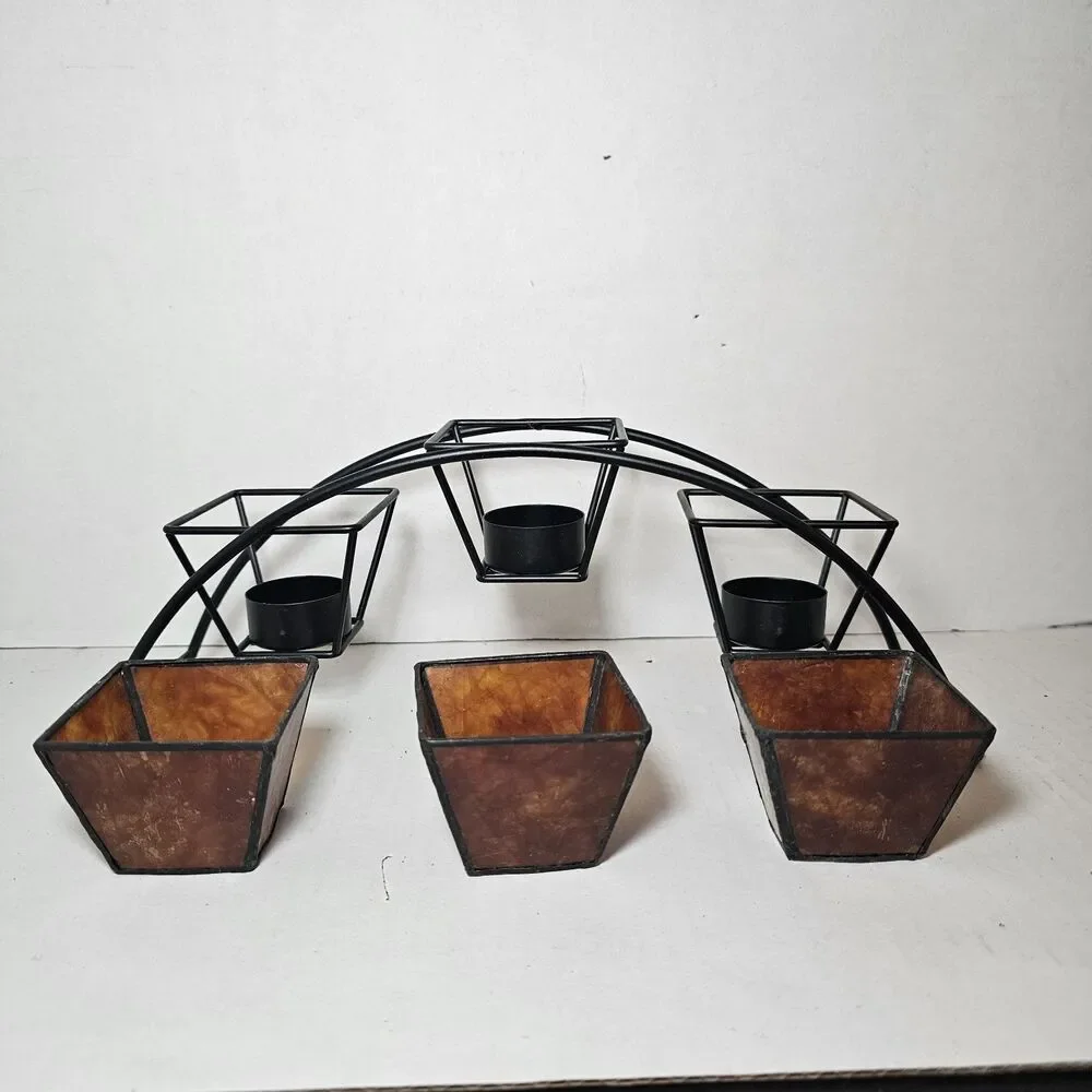 Metal Tea Light Candle Holder 3 Cups Tabletop Arch Bohemian Shabby Dark